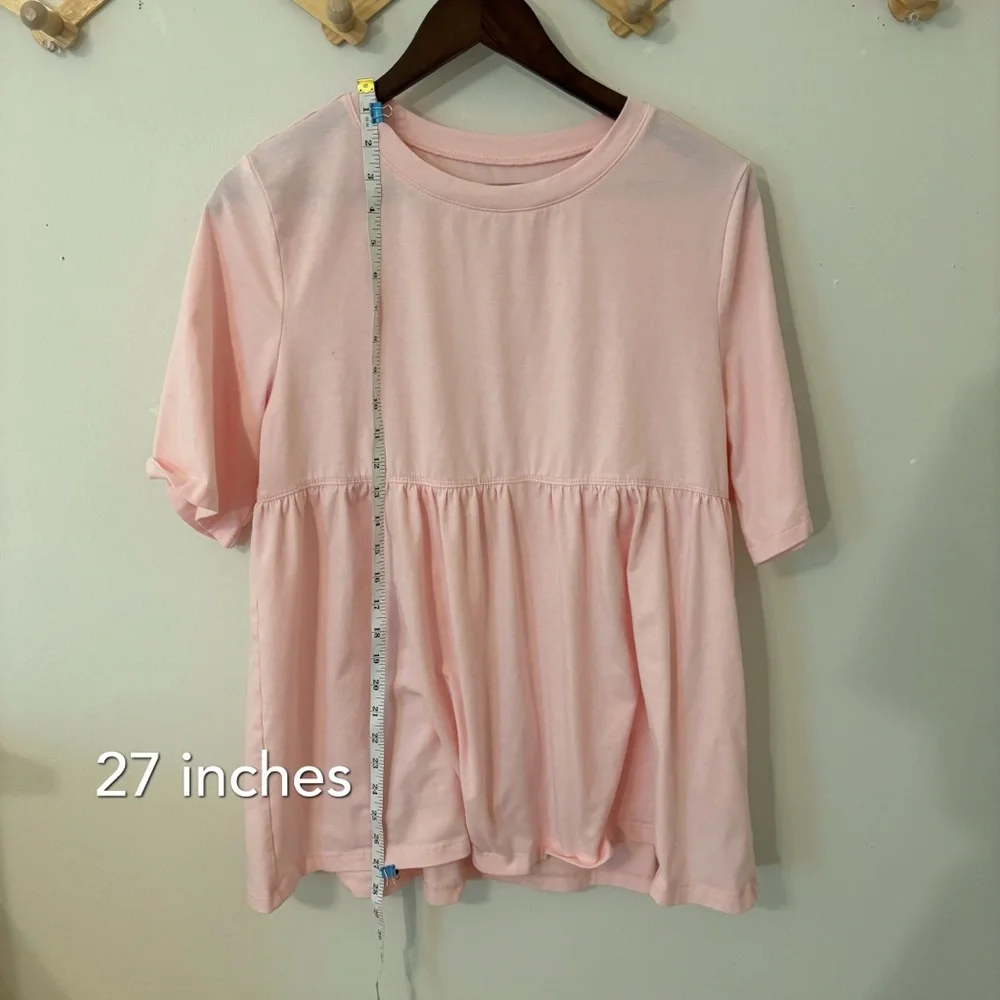 Womens Babydoll Top Oversized Short Sleeve Pink Peplum Casual Loose Blouse - Picture 5 of 7